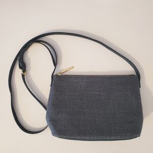 Lancome Blue Tweed and Faux Leather Crossbody Purse with Gold Zipper Details